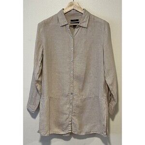 Tahari 100% Linen Longline Button Shirt Size Medium Natural Tan Beach Minimalist